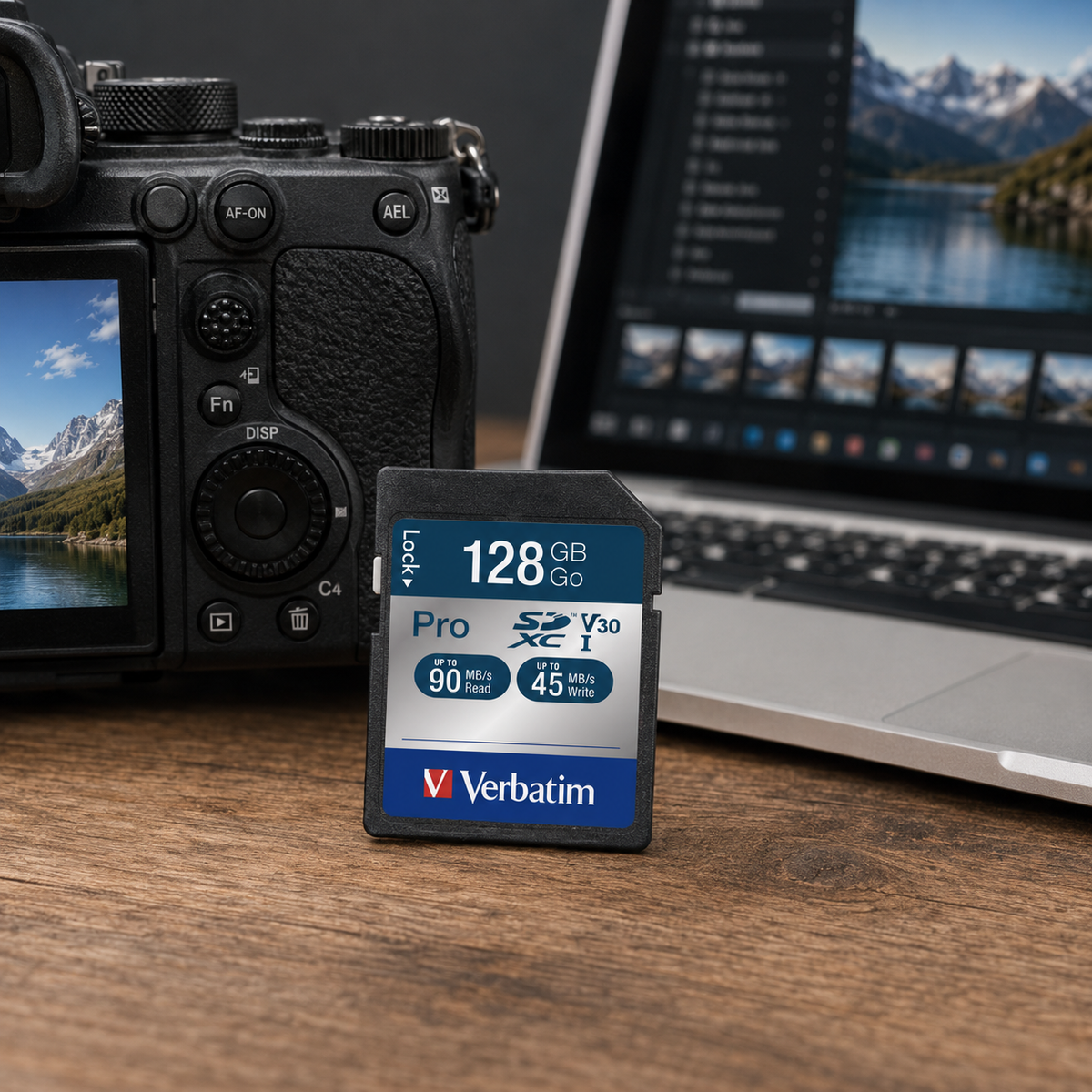 Verbatim Pro 128GB SDXC card with V30 and speed badges standing on a timber desk in front of a camera and laptop