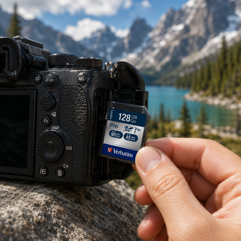 Hand inserting a Verbatim Pro 128GB SDXC card into the side slot of a black camera outdoors by a mountain lake