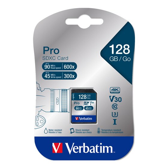 Verbatim Pro SDXC Card 128GB silver pack with 90MB/s read and 45MB/s write badges and 4K, V30, Class 10 and U3 icons