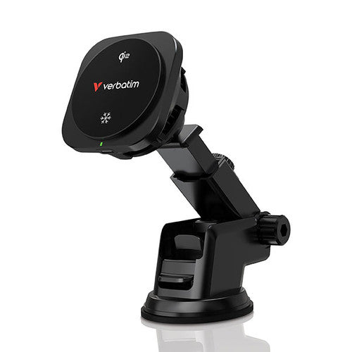 Verbatim Qi2 Magnetic Wireless Car Charger with suction cup mount and vent clip, showing 16-piece NdFeB magnetic ring and cooling system