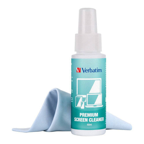 Verbatim 60ml screen cleaning spray bottle with microfibre cloth on a white background