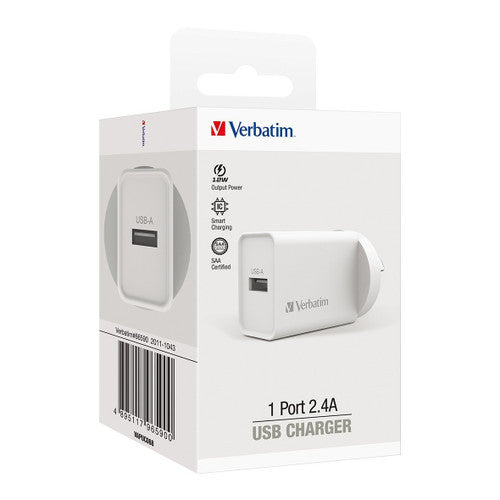 Verbatim Single Port USB Charger 2.4A White product packaging