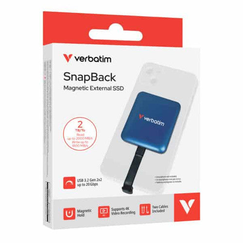 Verbatim Snapback SSD 2TB in Blue Metallic finish shown from the front