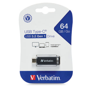 Verbatim Store N Go 64GB USB-C 3.2 flash drive with retractable connector on a white background