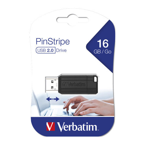 Verbatim Store n Go Pinstripe 16GB USB drive in black with retractable connector extended, shown on a white background