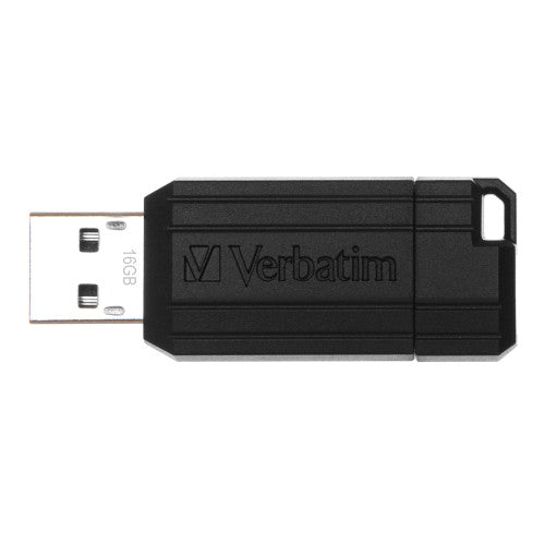 Side view of Verbatim Pinstripe black USB drive showing slim pinstripe body design and retracted connector position