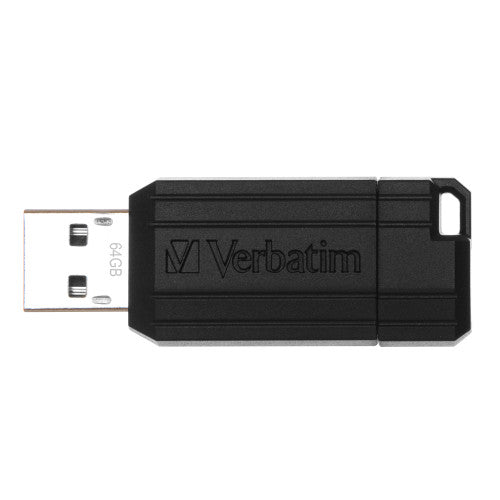 Close-up of Verbatim Pinstripe 64GB Black USB Drive showing pinstripe finish and slim profile
