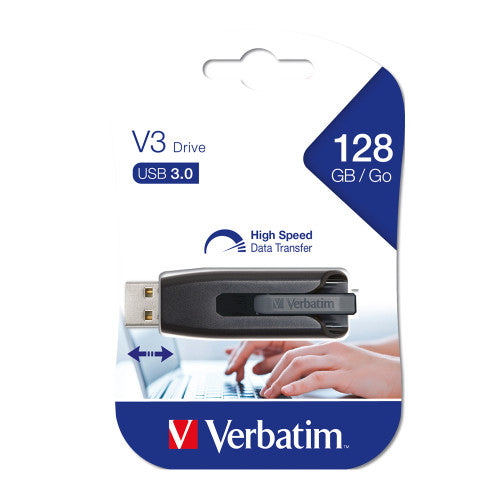 Verbatim Store n Go V3 128GB USB 3.0 drive in grey with slide-and-lock connector