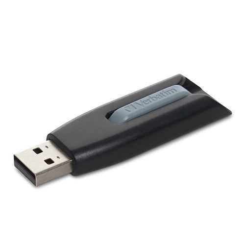 Grey Verbatim V3 128GB USB flash drive shown with connector retracted in closed position