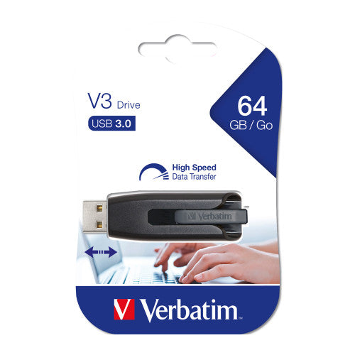 Verbatim Store n Go V3 64GB USB 3.0 drive in grey with slide-and-lock connector