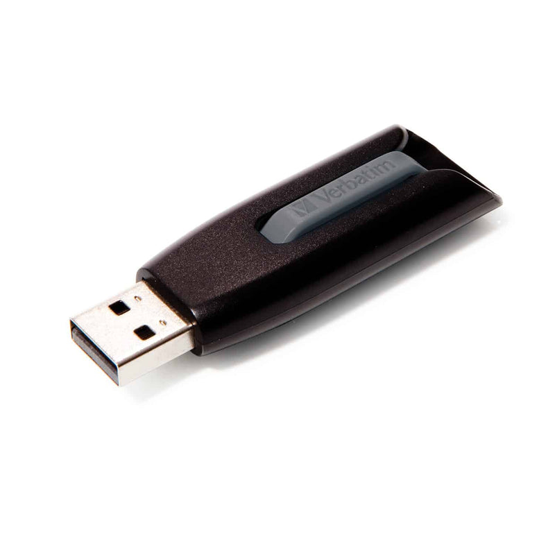 Verbatim Store n Go V3 USB drive out of its packaging, black body with grey slider, shown at an angle with the USB-A connector extended