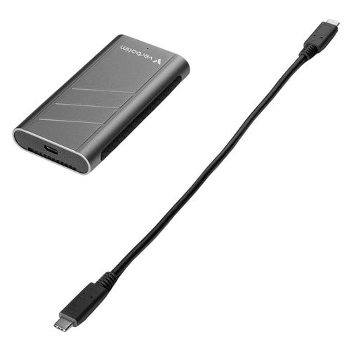 Verbatim TurboMetal SSD with its USB-C port facing forward next to a black USB-C to USB-C cable