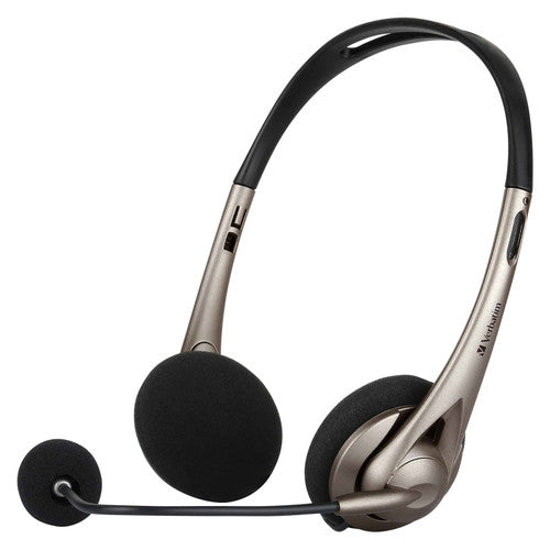 Verbatim USB-A headset with black headband, silver grey arms, black foam ear pads and a boom microphone swung forward