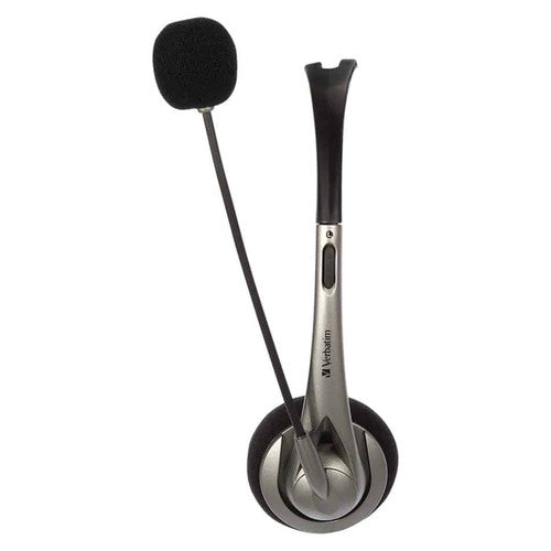 Side view of the Verbatim USB-A headset with the boom microphone arm raised and its foam windscreen at the top