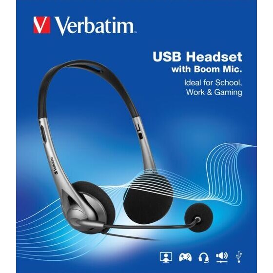 Verbatim USB Headset with Boom Mic retail pack in blue, labelled Ideal for School, Work and Gaming
