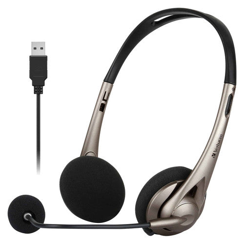 Verbatim USB-A headset beside its cable ending in a USB-A plug, with the boom microphone in front of the left ear pad