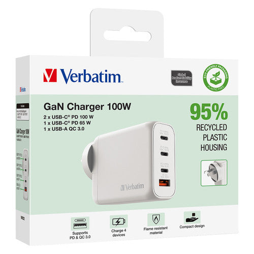 Verbatim 100W GaN wall charger in white with four charging ports on front face