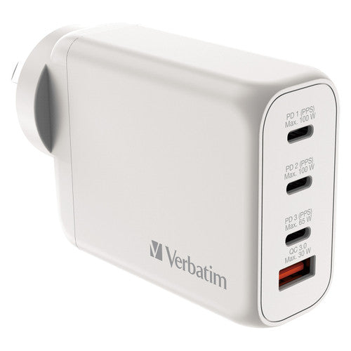 Close-up of two USB-C and one USB-A ports on the Verbatim GaN charger