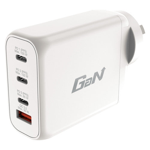 Verbatim GaN charger plugged into a wall socket showing compact palm-sized profile