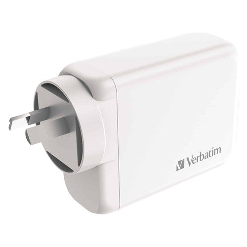 Verbatim 100W GaN charger charging a laptop and smartphone simultaneously