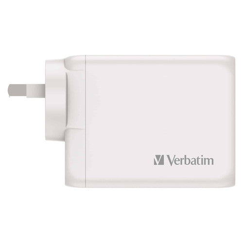 Verbatim 100W GaN charger next to a traditional bulky charger showing size comparison
