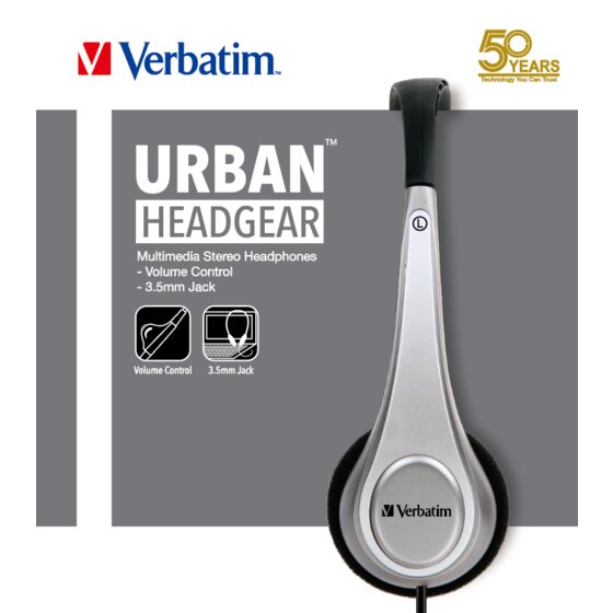 Grey Verbatim Urban Headgear pack listing Multimedia Stereo Headphones, Volume Control and 3.5mm Jack beside the silver earpiece