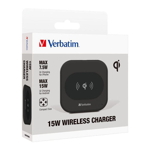 Verbatim Wireless Charger Pad 15W black with USB cable connected, angled view