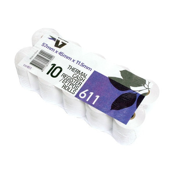 Victory 611 shrink-wrapped pack of ten thermal cash register and EFTPOS rolls in rows, label printed 57mm x 45mm x 11.5mm and roll number 611