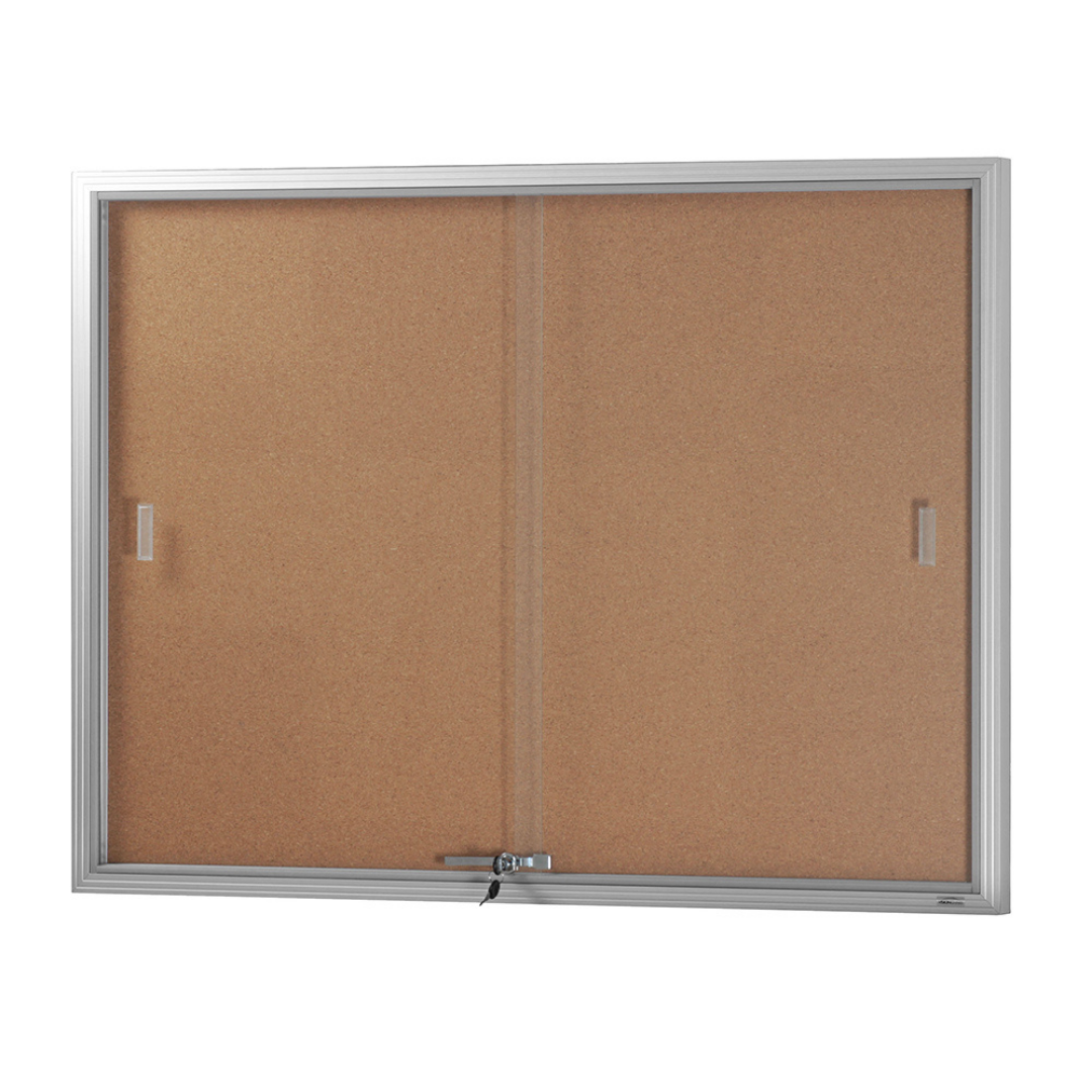 Visionchart BN-SGC-1290SC Be Noticed Sliding Door Notice Case Silver 2 Door Cork 1220 x 915mm