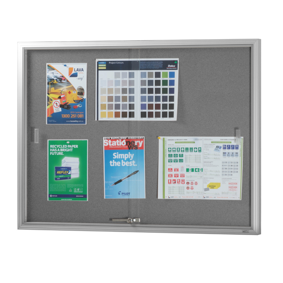 Visionchart BN-SGC-1290SL Be Noticed Sliding Door Notice Case Silver 2 Door Grey Fabric 1220 x 915mm