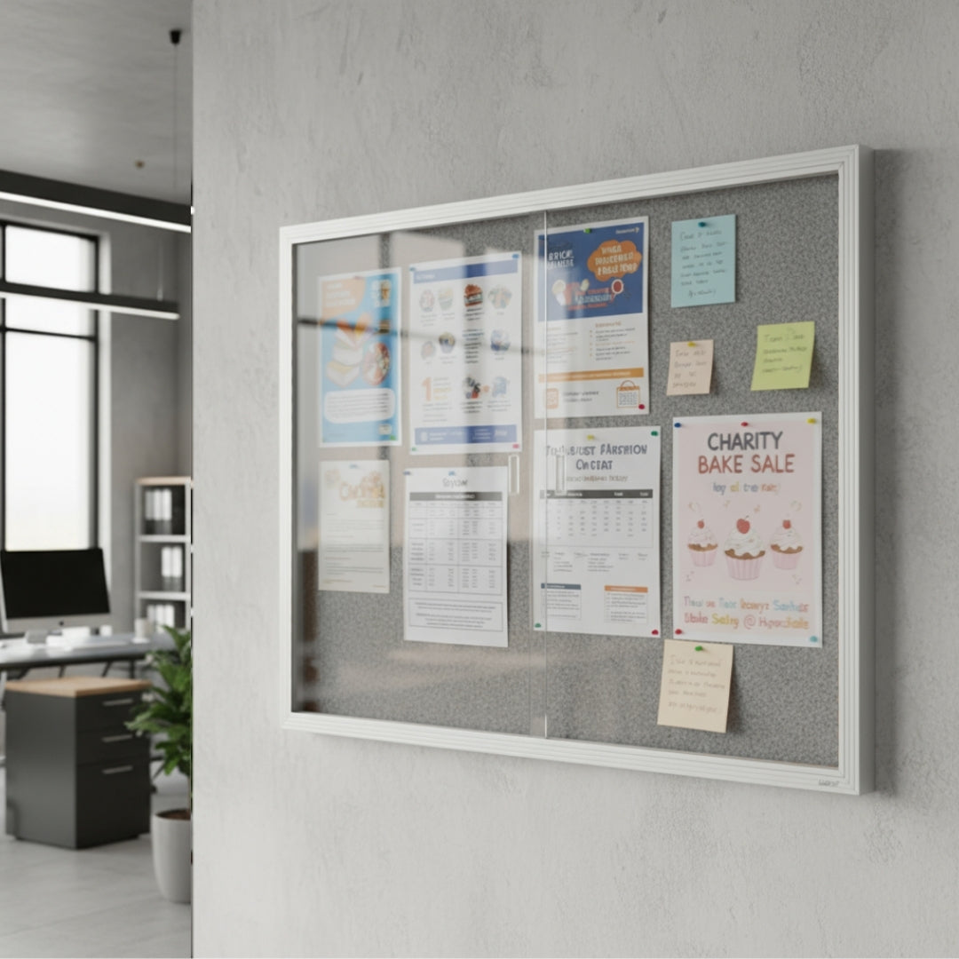 Visionchart BN-SGC-1290SL Be Noticed Sliding Door Notice Case Silver 2 Door Grey Fabric 1220 x 915mm - view 1