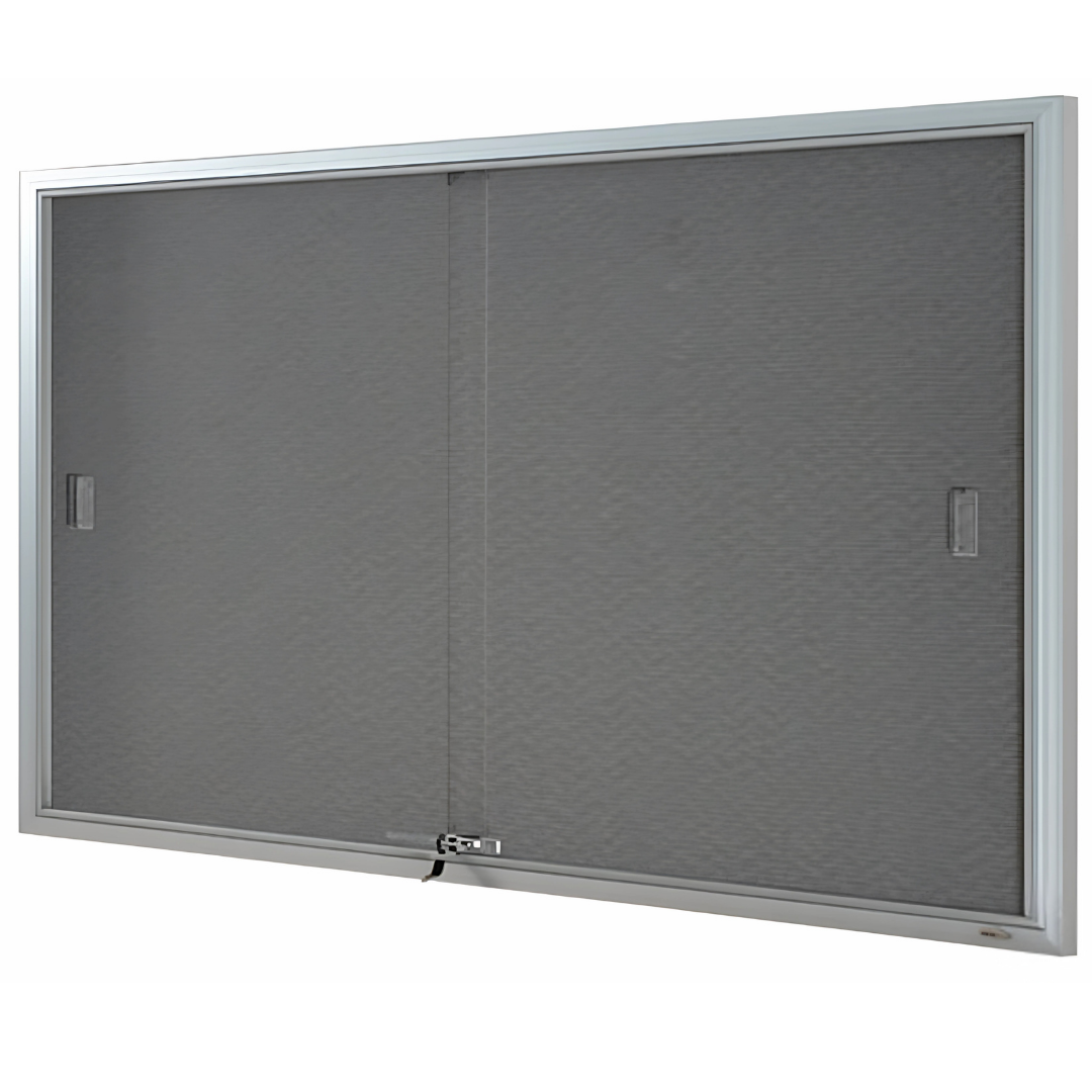Visionchart BeNoticed sliding door notice case on a white background, angled view of a silver frame holding two glass doors over an empty grey felt interior, with a lock at the centre of the bottom rail.