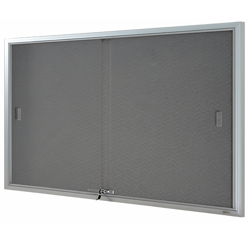 Visionchart BeNoticed sliding door notice case on a white background, angled view of a silver frame holding two glass doors over an empty grey felt interior, with a lock at the centre of the bottom rail.