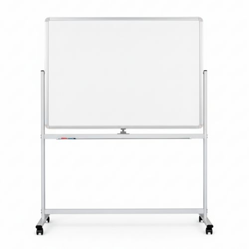 Visionchart CM1290 Chilli mobile whiteboard shown front on against a white background, a white magnetic board held in a silver pivoting frame with a full width pen rail and four black castors on a wide base.