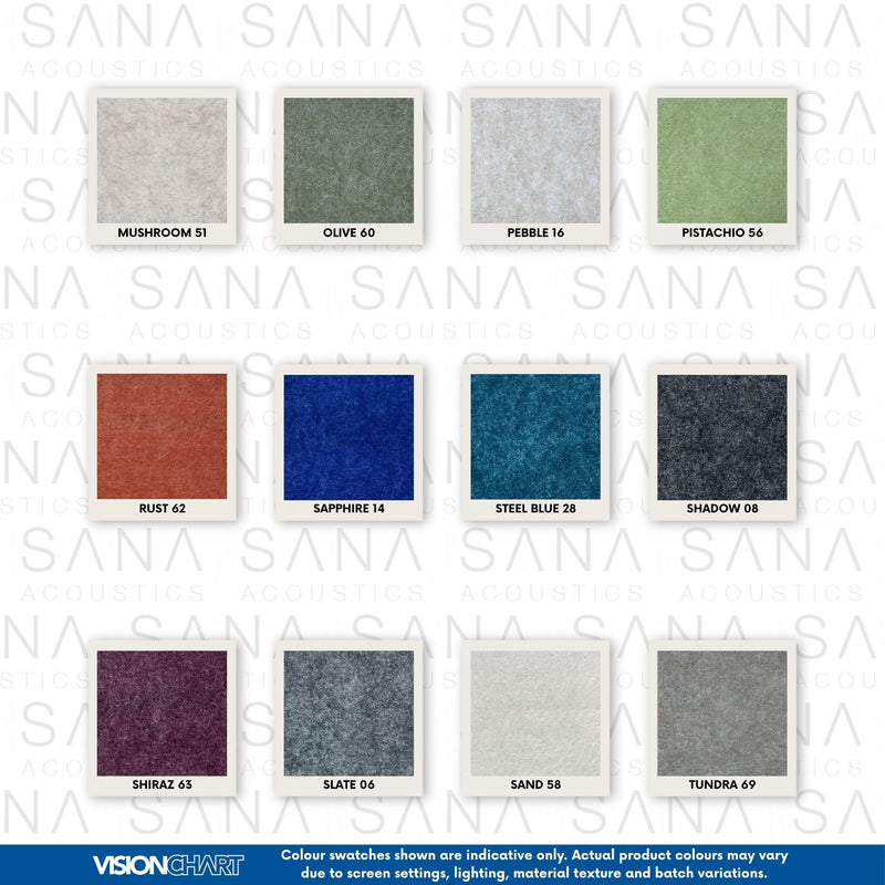 Visionchart SANA2812-SN12 SANA Acoustic Panel 12mm 2800x1225mm Sand 58. Colour swatch chart 2. Supplied product image from Visionchart for Mega Office Supplies.