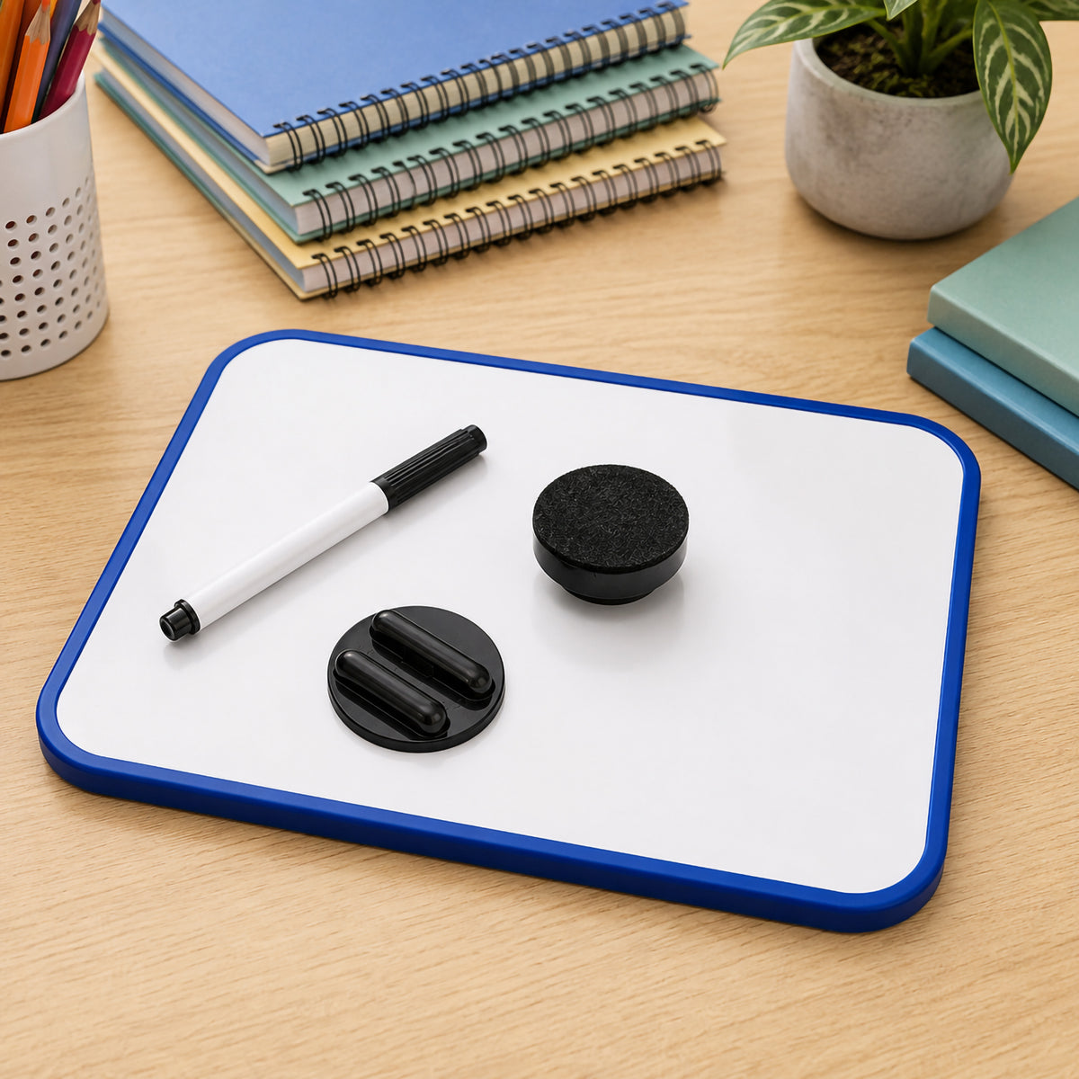The Visionchart A4 magnetic whiteboard tablet is displayed on a study desk with the included marker, magnetic eraser and marker holder. Exercise books and stationery surround the board, highlighting its reusable design for homework, revision and classroom activities.