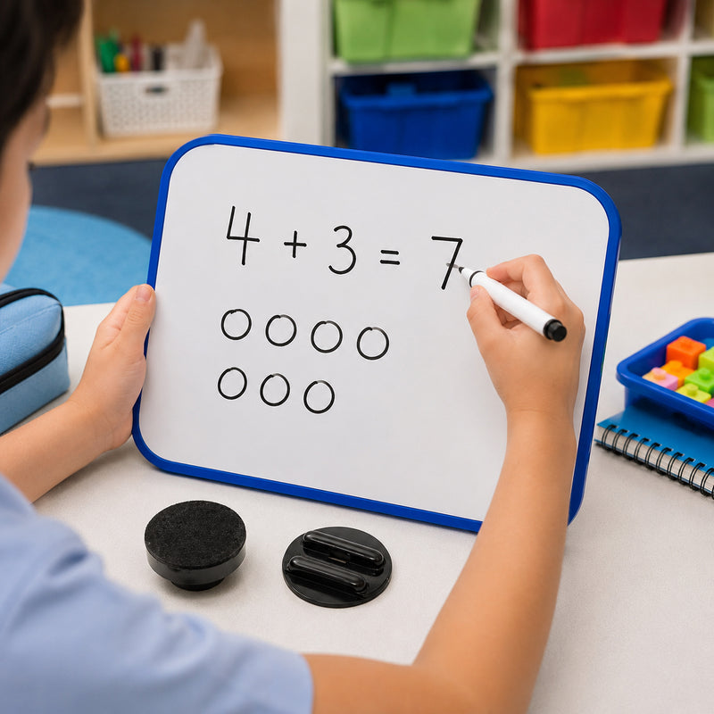 A student uses the Visionchart A4 double sided magnetic whiteboard tablet to solve a simple maths equation with the included black fine point marker. The magnetic eraser and marker holder sit beside the board, demonstrating interactive classroom learning for early education.