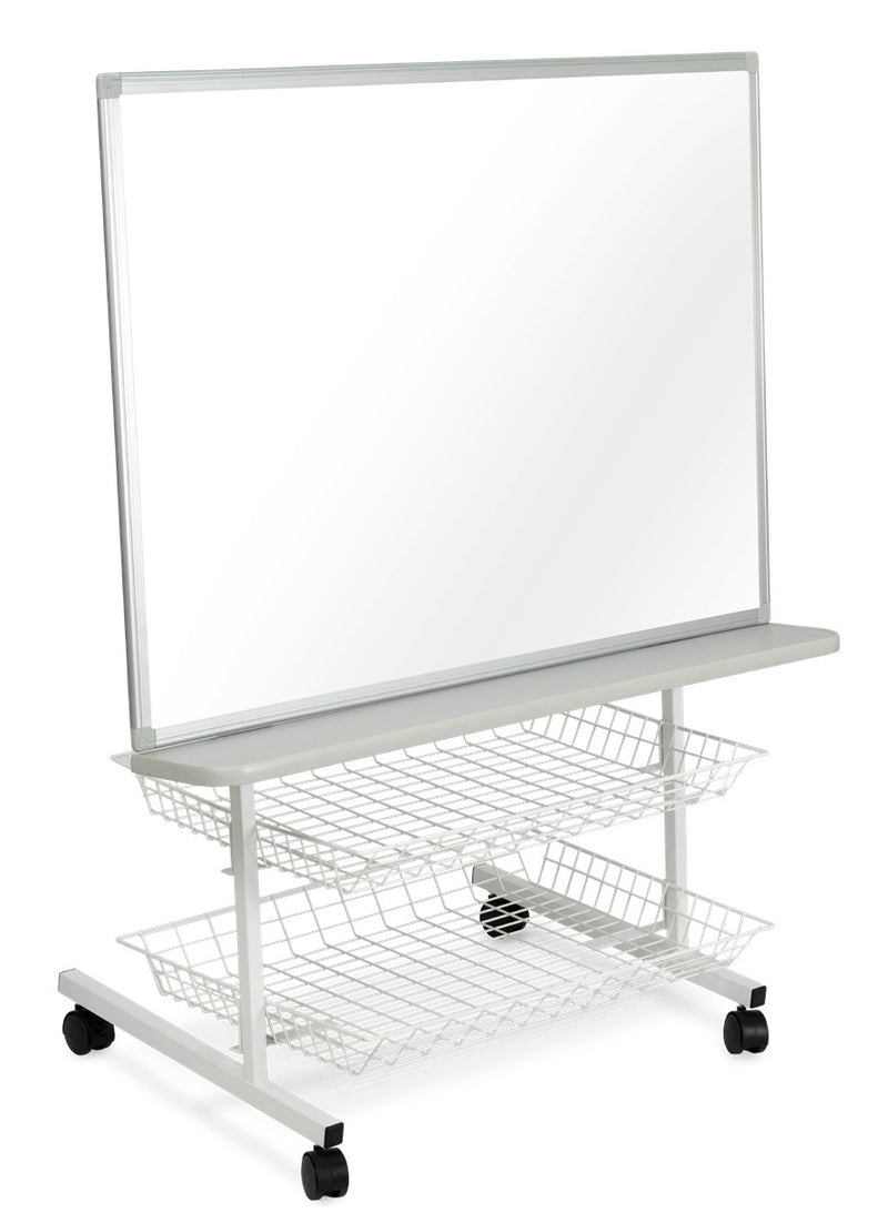 Visionchart ELC Reading and Display Centre photographed on a white background. A white whiteboard with a grey ledge along the bottom sits above 2 white wire storage baskets, on a white frame standing on four black castors.