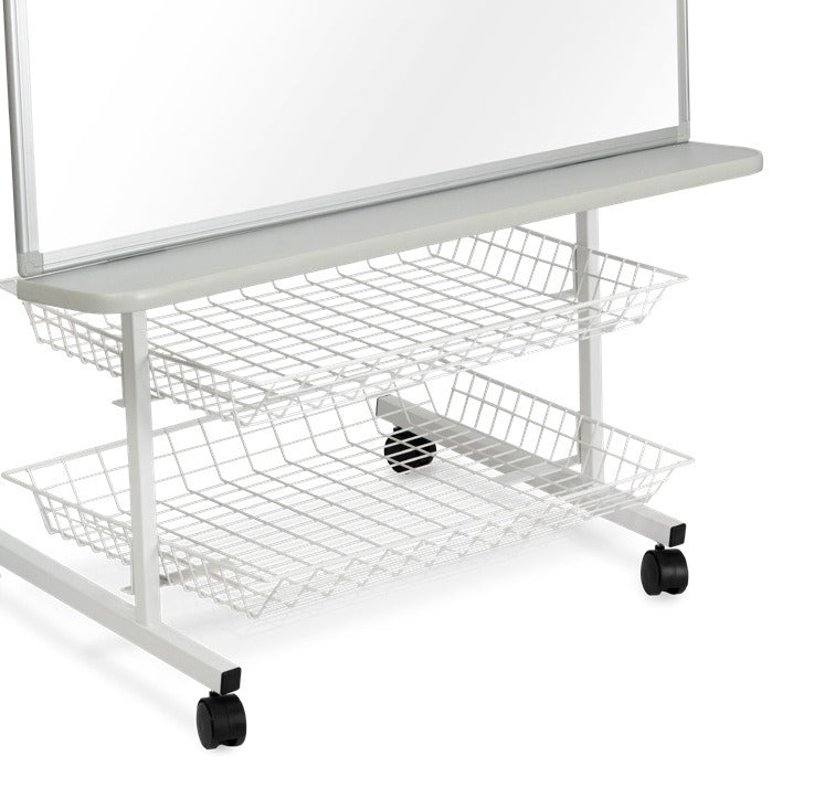 Close view of the base of the Visionchart ELC Reading and Display Centre. Two white wire storage baskets sit under the whiteboard ledge, with two of the black castors visible on the frame below.