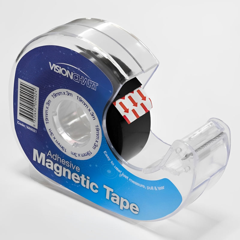 Studio product image of the Visionchart Magnetic Tape Dispenser with the magnetic tape partially extended to reveal the self adhesive backing. The clear housing and compact design are highlighted against a clean white background.