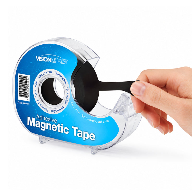 A close up of the Visionchart Magnetic Tape Dispenser shows a hand pulling out the black magnetic tape from the clear dispenser, demonstrating smooth dispensing and easy handling for accurate cutting.