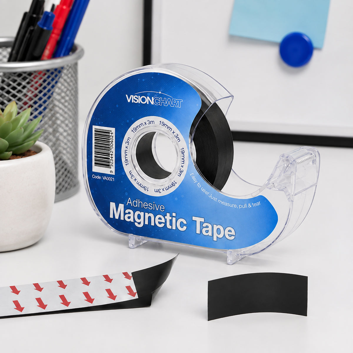 The magnetic tape dispenser is displayed with a peeled adhesive backing and a prepared strip of magnetic tape, illustrating the easy measure, pull and cut process for creating custom magnetic mounting solutions.