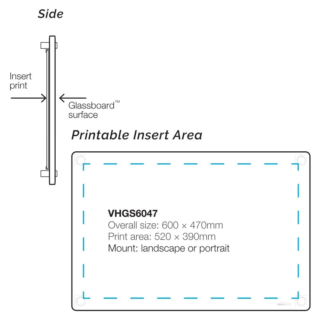 Visionchart VHGS6047 Lumiere Switch Non-Magnetic Glassboard 600x470mm. Alternate view 3. Supplied product image from Visionchart for Mega Office Supplies.