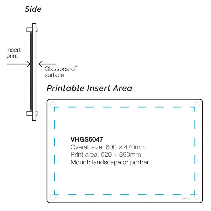 Visionchart VHGS6047 Lumiere Switch Non-Magnetic Glassboard 600x470mm. Alternate view 3. Supplied product image from Visionchart for Mega Office Supplies.