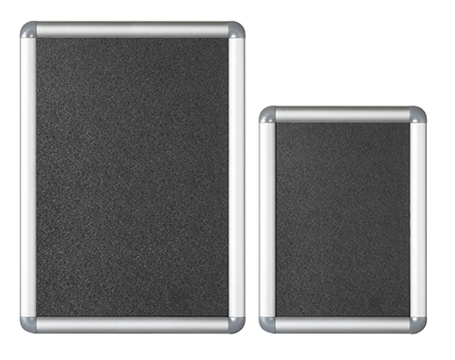 Two silver Visionchart snap frames side by side on a white background with dark grey blank inserts and rounded light grey corners. The larger frame is the A3 size and the smaller frame is the A4, which is the size listed here.