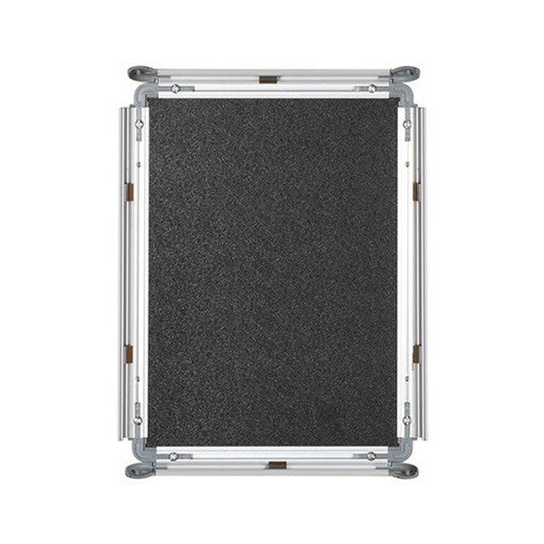 One silver Visionchart snap frame photographed on a white background with all four frame rails snapped open on their hinges, showing the front opening mechanism.