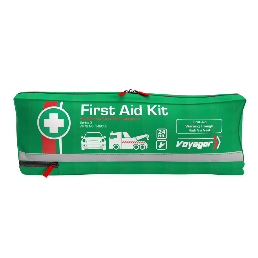 Voyager 2 Series Softpack Roadside First Aid Kit 44 x 6 x 16cm pre-stocked roadside first aid kit in a compact softpack case for vehicle carry