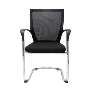Rapidline WMCC visitor chair seen from the front, with black mesh back, black seat, black arm rests and chrome cantilever base.