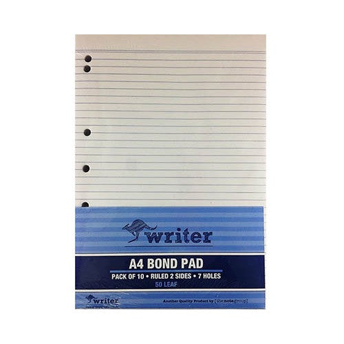 Writer Bond Office Pads A4 50 Leaf Ruled 7 Holes Pack 10