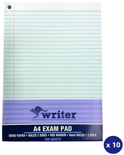 Writer Bond Exam Pad A4 100 Sheet Ruled 1 Hole Red Margin Pack of 10